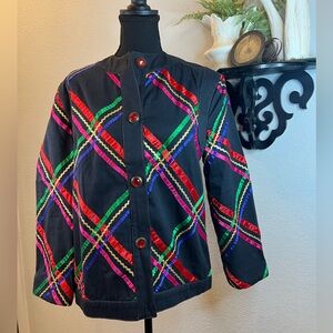 gamma Vintage 80s 90s Black Colorful Ric Rac Ribbon Button Up Blazer Jacket sz M